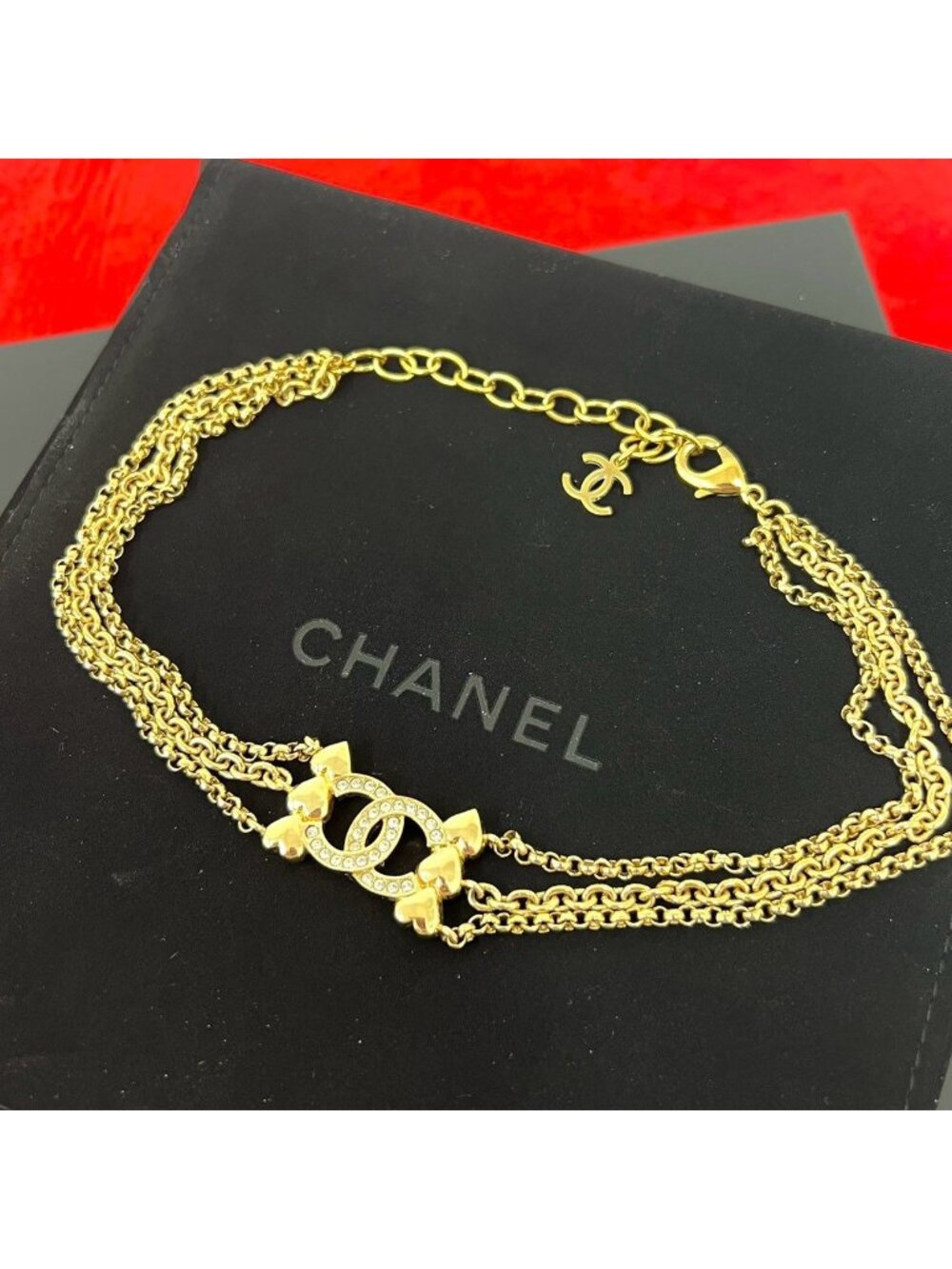 Chanel With Rice CC Logo Heart Motif Rhinestone Necklace Choker Gold